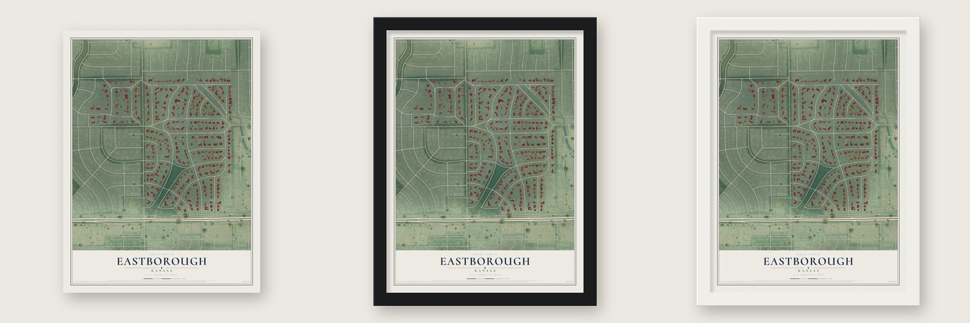 Eastborough, Kansas map unframed, in a black wood frame and in a white wood frame