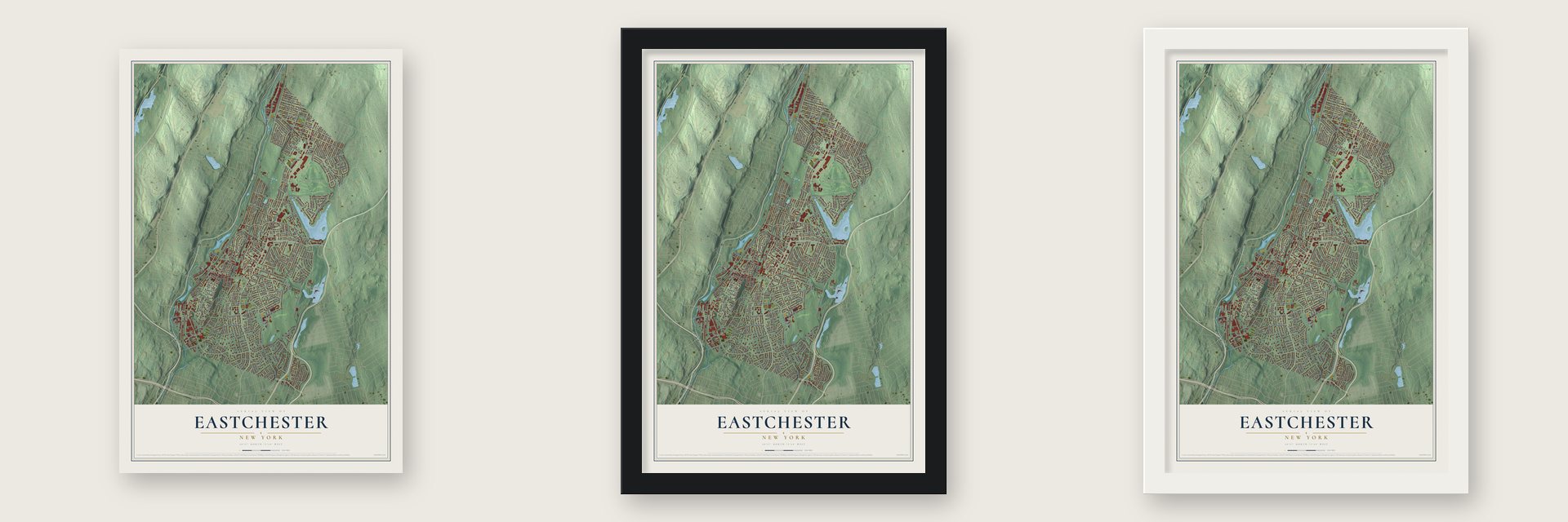Eastchester, New York map unframed, in a black wood frame and in a white wood frame