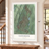 Eastchester, New York map, 24 x 36 inch print in a white frame by a staircase