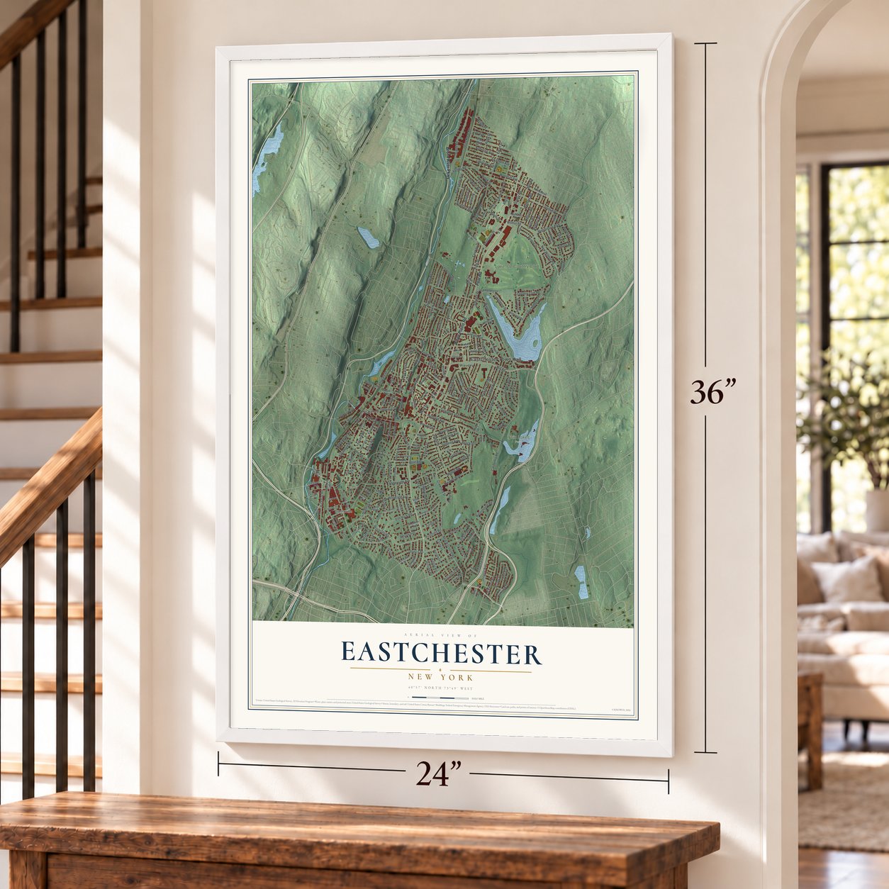 Eastchester, New York map, 24 x 36 inch print in a white frame by a staircase