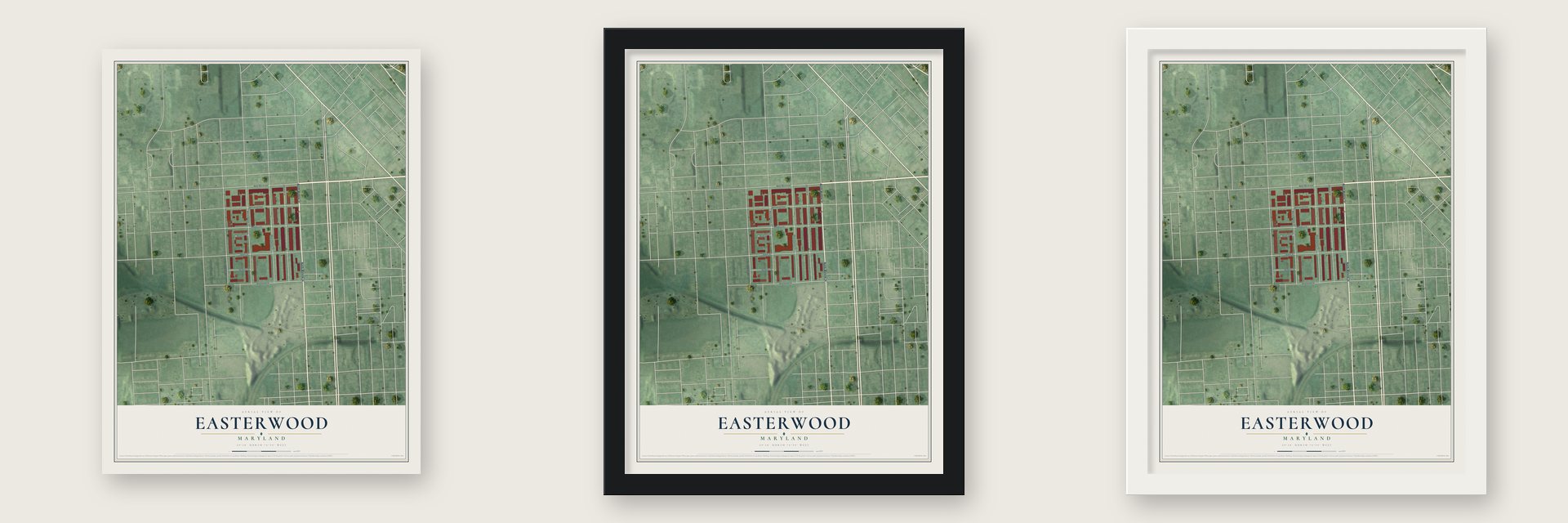 Easterwood, Maryland map unframed, in a black wood frame and in a white wood frame