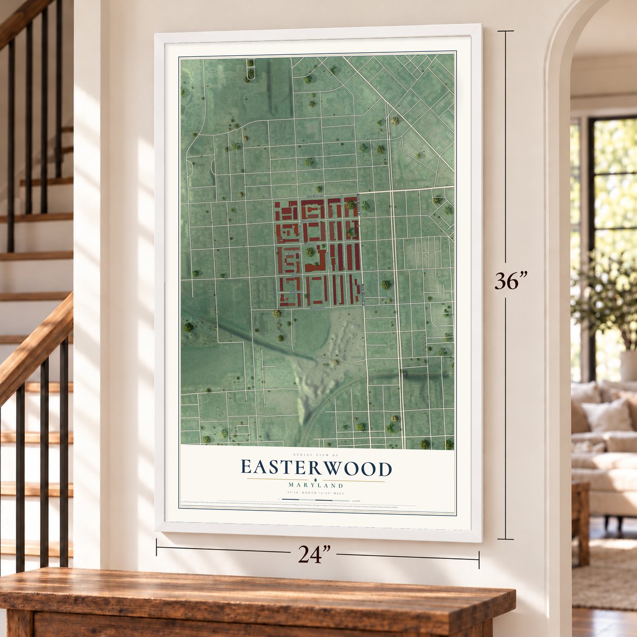 Easterwood, Maryland map, 24 x 36 inch print in a white frame by a staircase