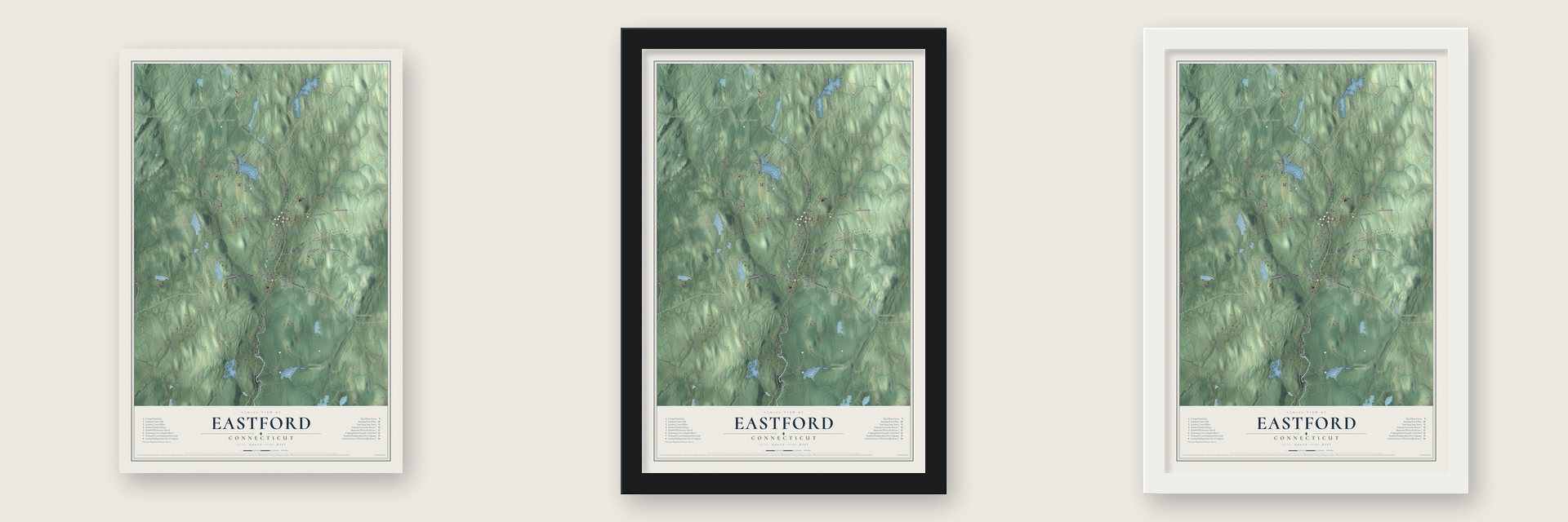 Eastford, Connecticut map unframed, in a black wood frame and in a white wood frame
