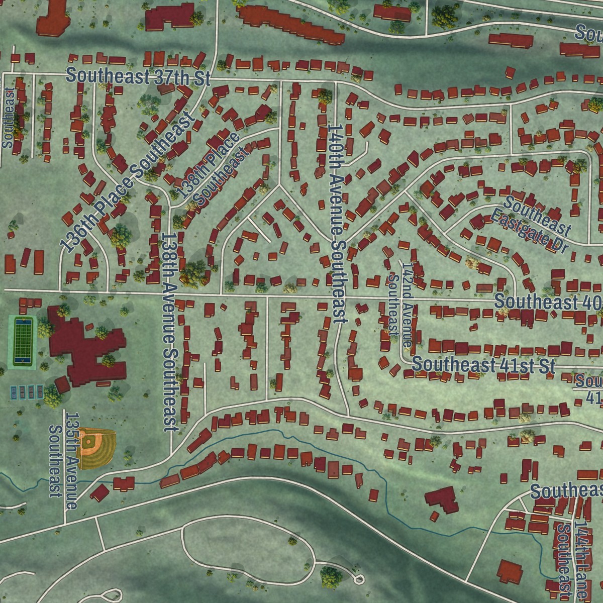 Second close-up of the map of Eastgate, Washington print showing more streets and buildings