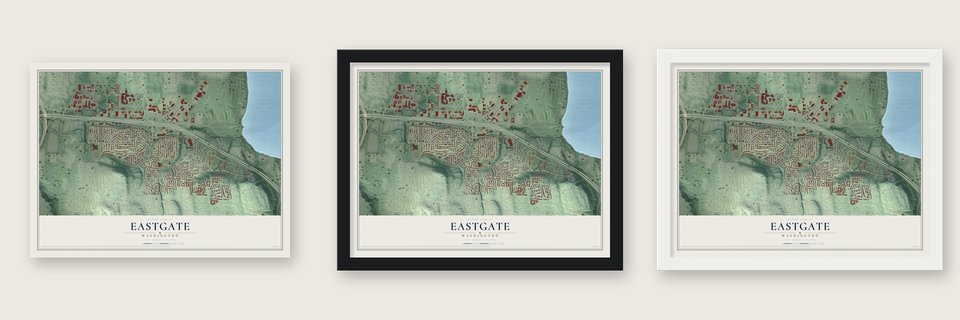 Eastgate, Washington map unframed, in a black wood frame and in a white wood frame