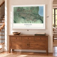 Eastgate, Washington map, 24 x 36 inch print in a white frame above a dresser by a staircase