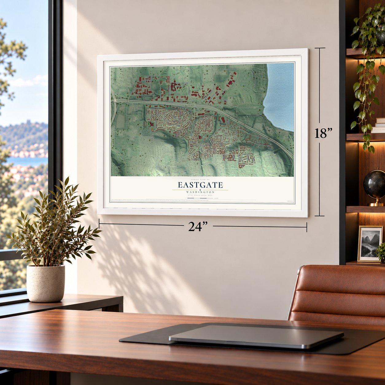 Eastgate, Washington map, 18 x 24 inch print in a white frame in a home office