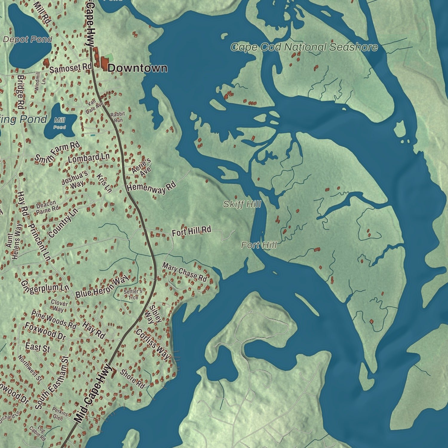 Close-up of the map of Eastham, Massachusetts print showing terrain and local geography