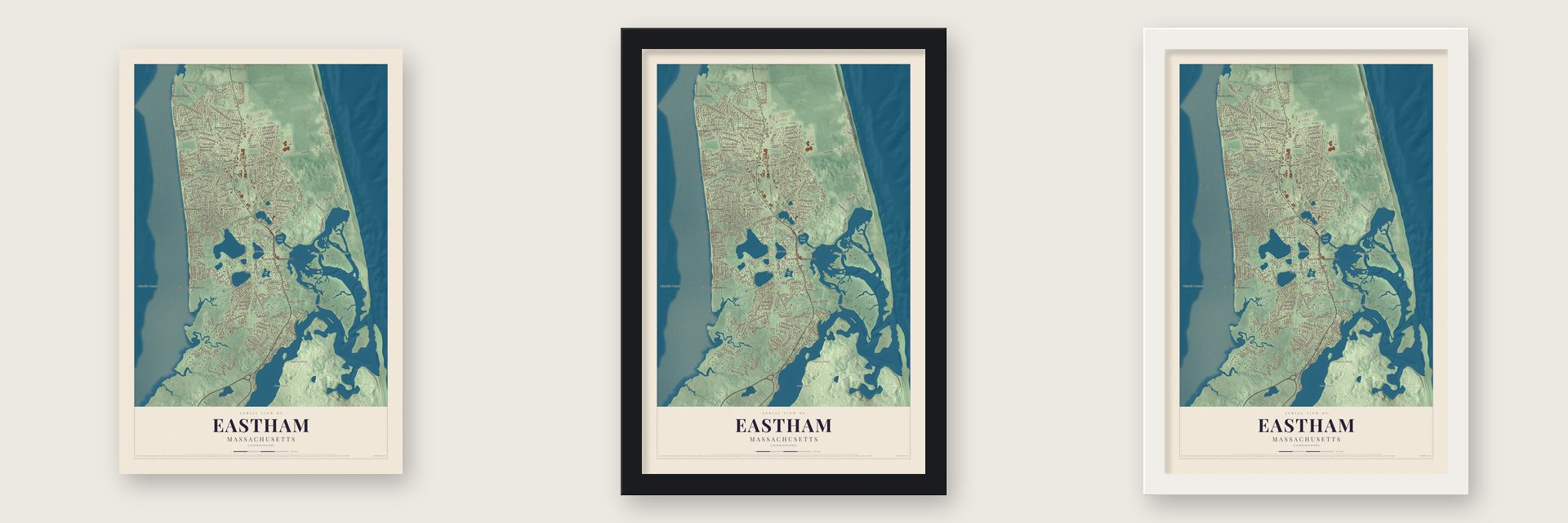 Eastham, Massachusetts map unframed, in a black wood frame and in a white wood frame