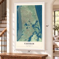 Eastham, Massachusetts map, 24 x 36 inch print in a white frame by a staircase