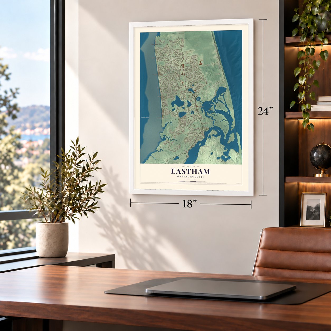 Eastham, Massachusetts map, 18 x 24 inch print in a white frame in a home office