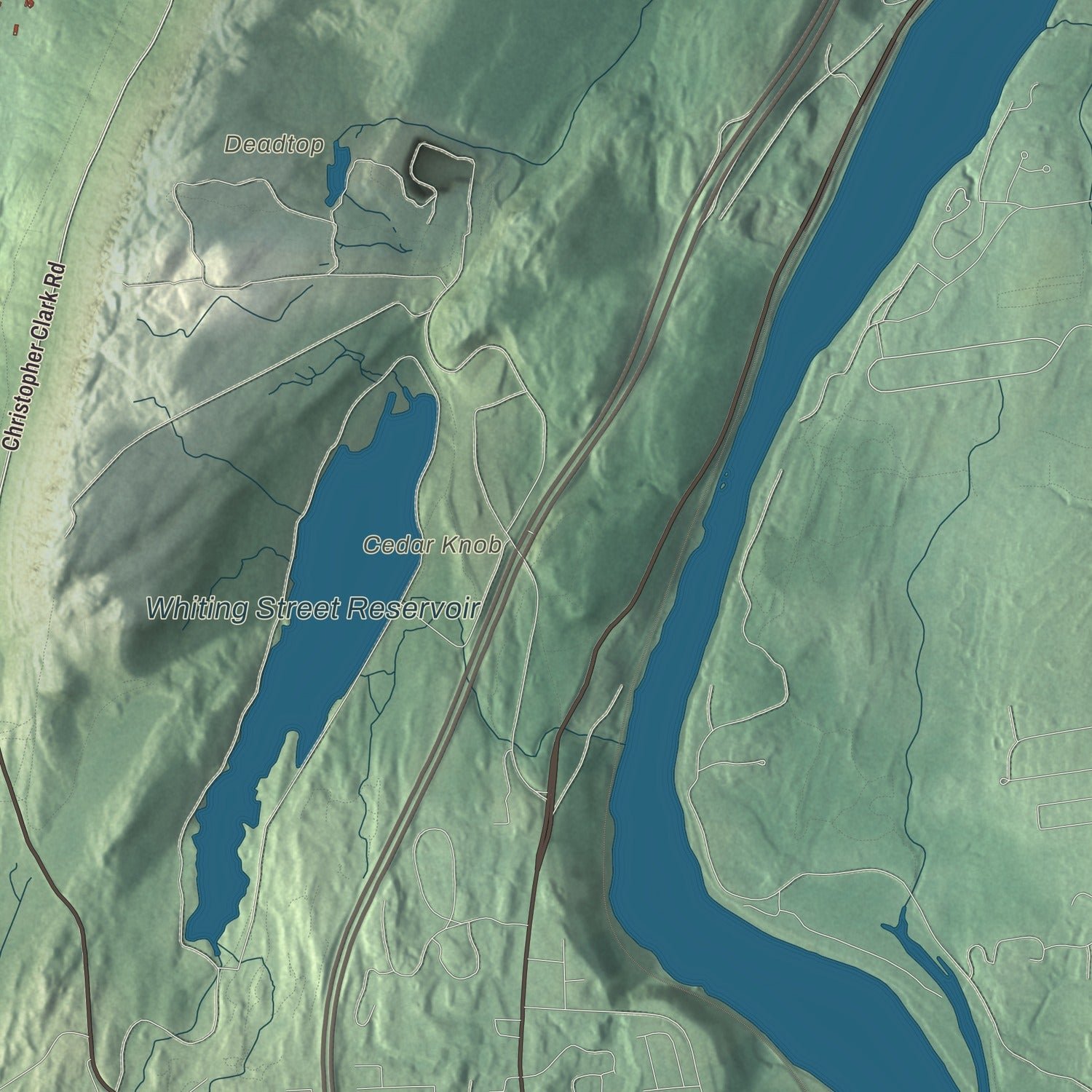 Close-up of the map of Easthampton, Massachusetts print showing terrain and local geography