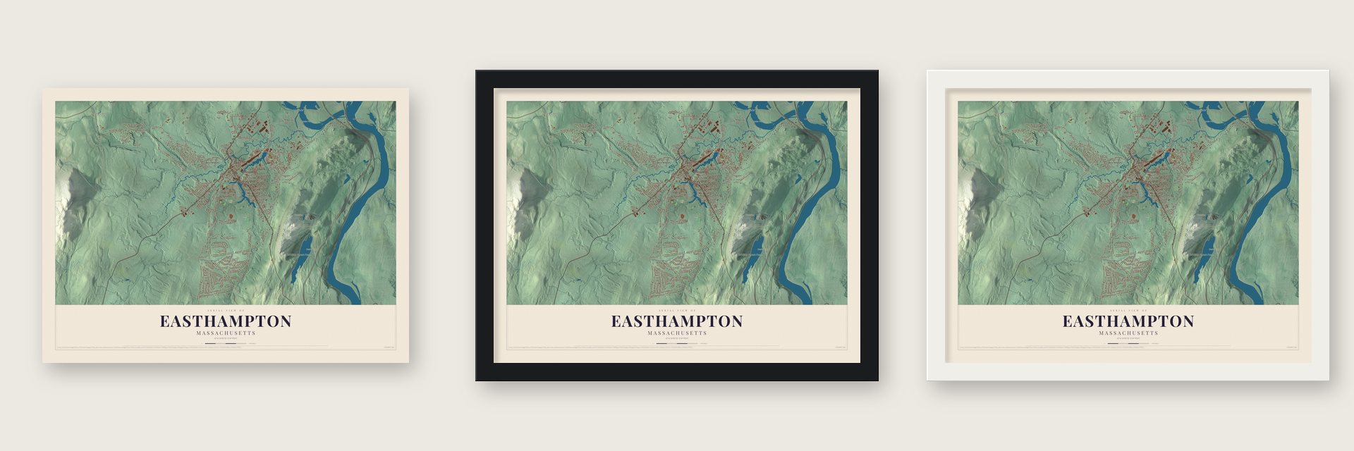 Easthampton, Massachusetts map unframed, in a black wood frame and in a white wood frame