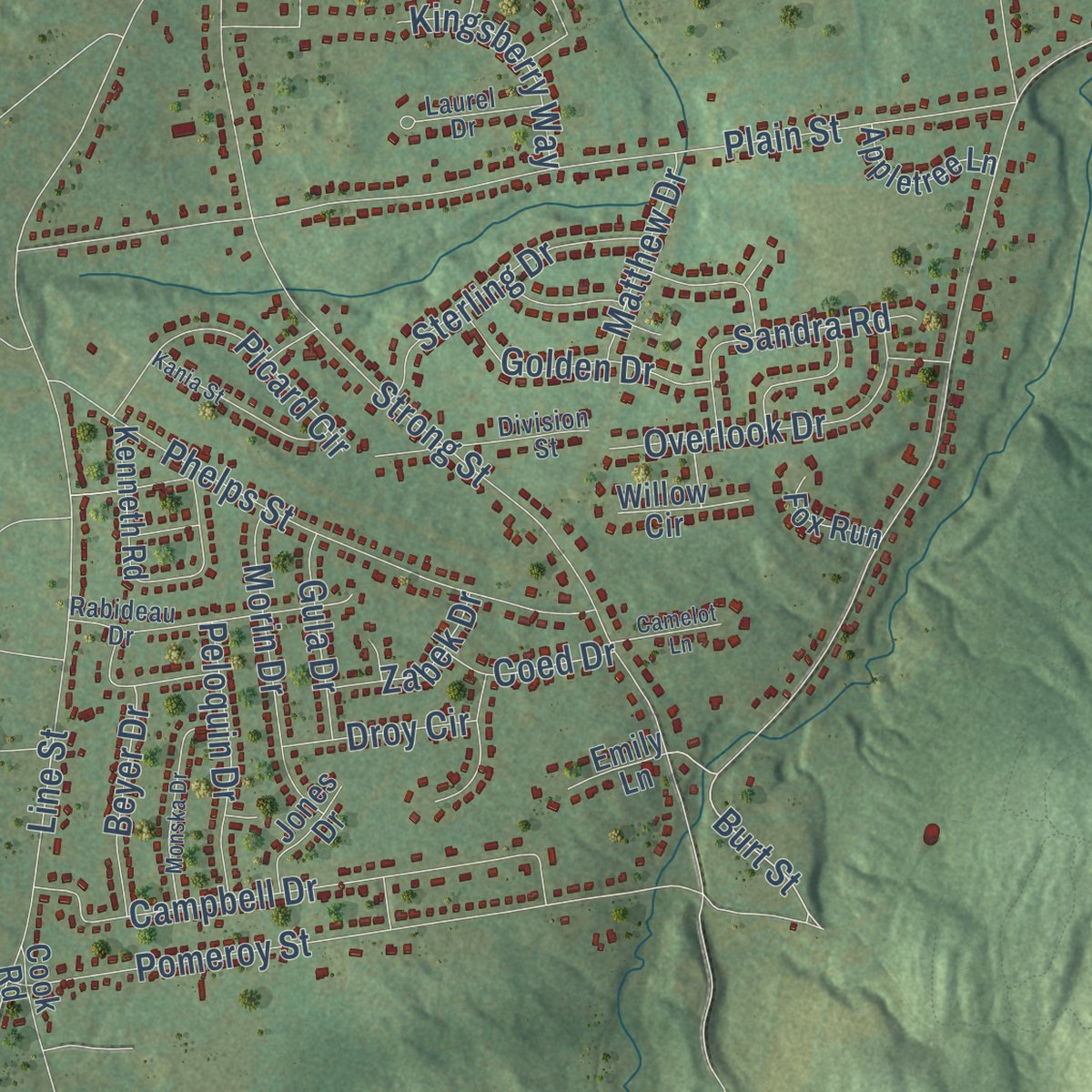 Second close-up of the map of Easthampton, Massachusetts print showing more streets and buildings