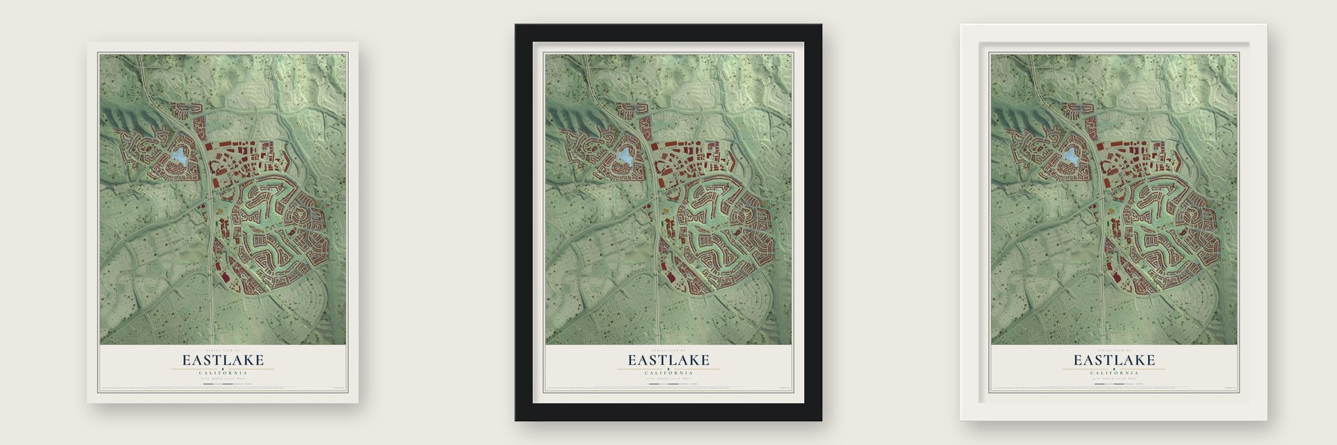 Eastlake, California map unframed, in a black wood frame and in a white wood frame