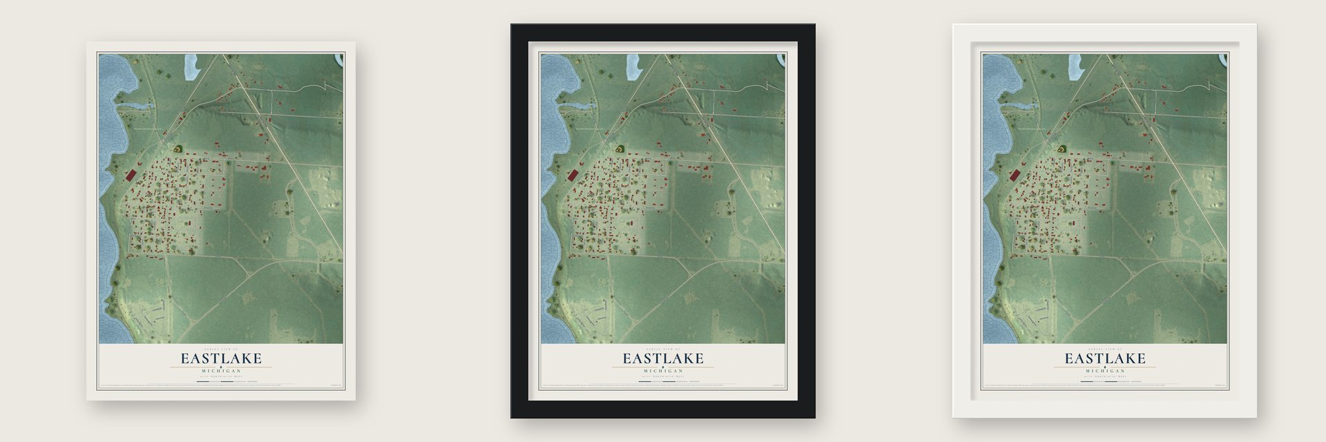 Eastlake, Michigan map unframed, in a black wood frame and in a white wood frame