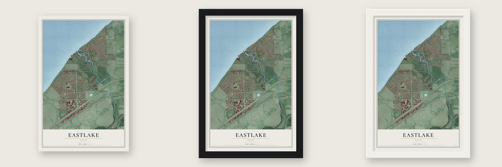 Eastlake, Ohio map unframed, in a black wood frame and in a white wood frame