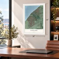 Eastlake, Ohio map, 18 x 24 inch print in a white frame in a home office