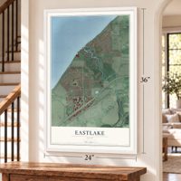 Eastlake, Ohio map, 24 x 36 inch print in a white frame by a staircase