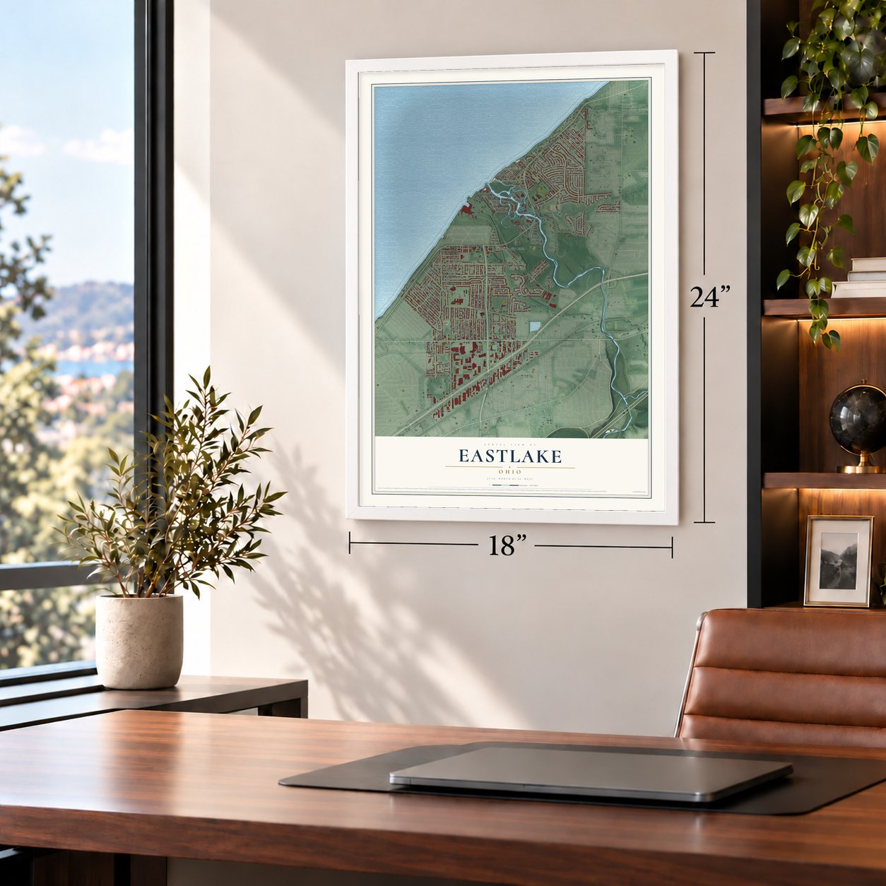 Eastlake, Ohio map, 18 x 24 inch print in a white frame in a home office