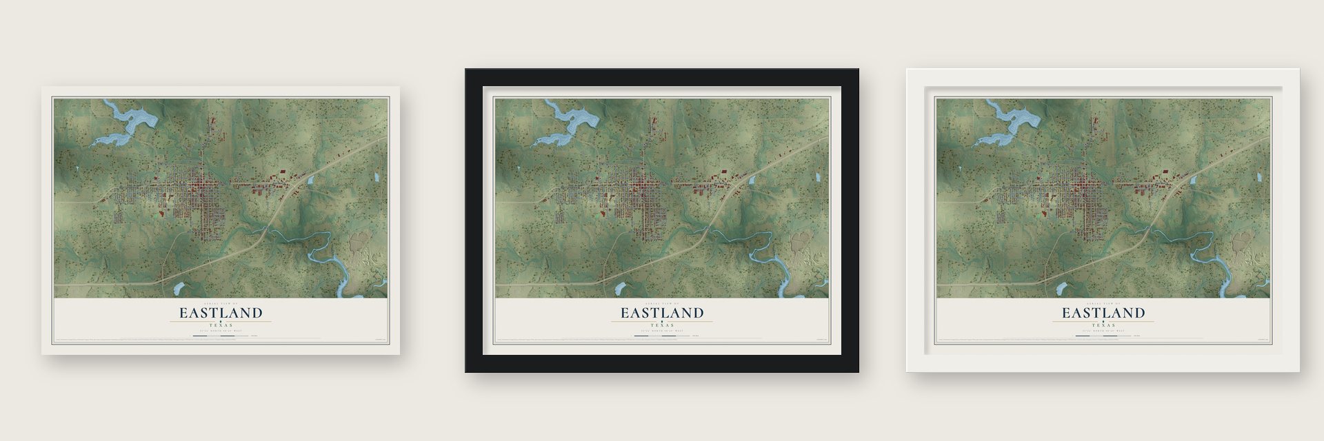 Eastland, Texas map unframed, in a black wood frame and in a white wood frame
