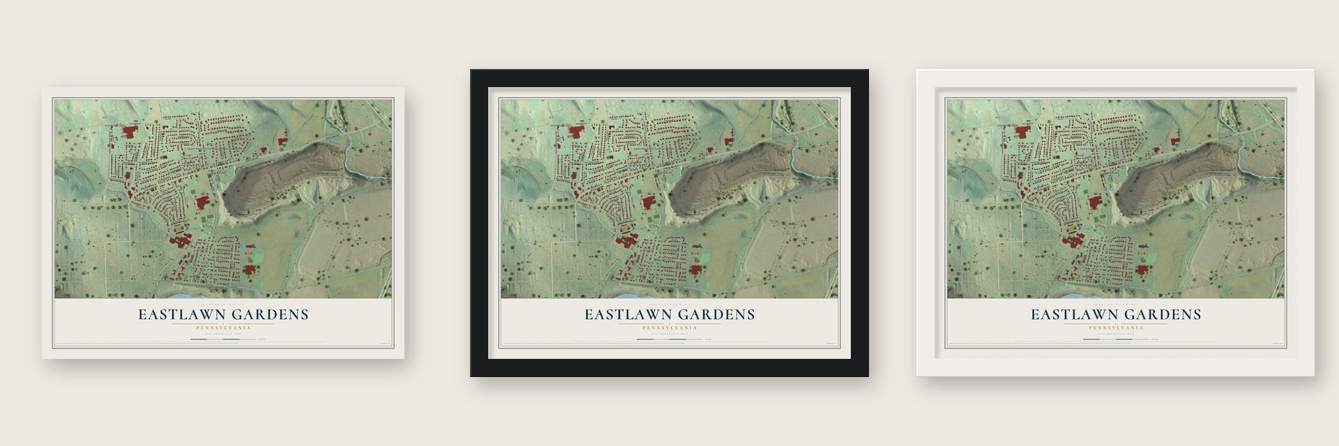 Eastlawn Gardens, Pennsylvania map unframed, in a black wood frame and in a white wood frame
