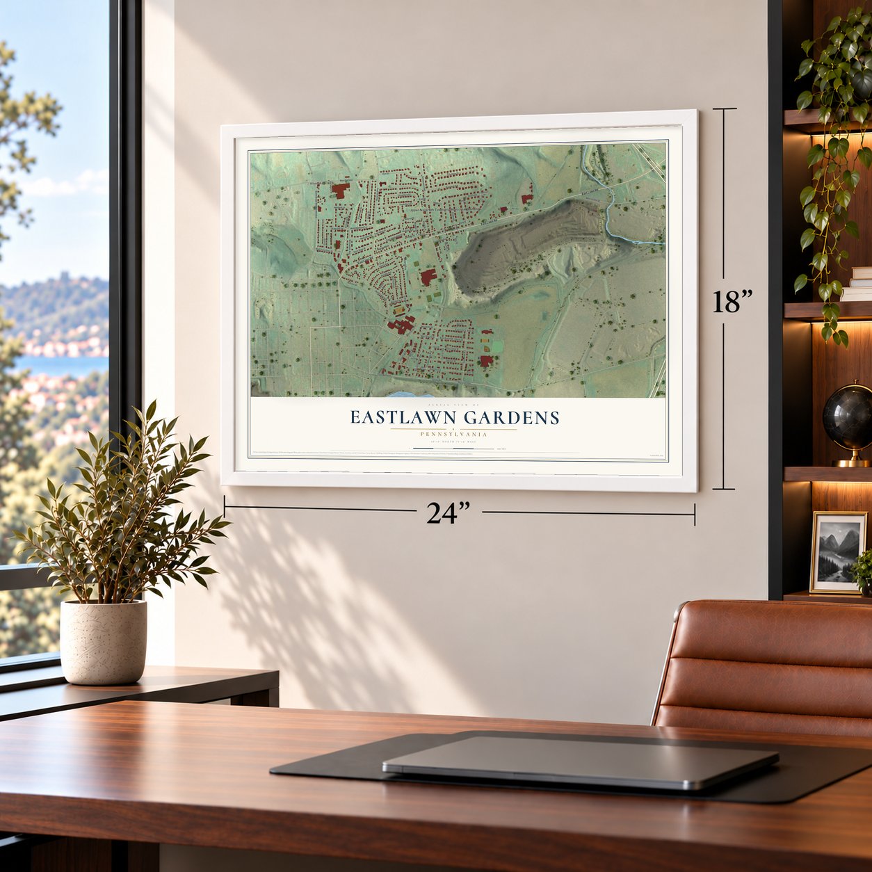 Eastlawn Gardens, Pennsylvania map, 18 x 24 inch print in a white frame in a home office