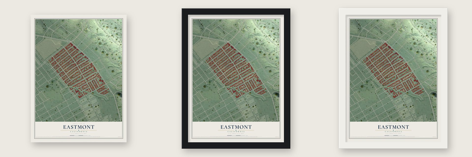 Eastmont, California map unframed, in a black wood frame and in a white wood frame