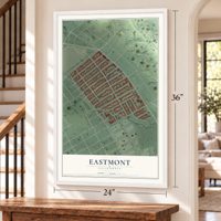 Eastmont, California map, 24 x 36 inch print in a white frame by a staircase