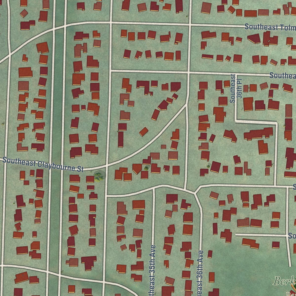 Second close-up of the map of Eastmoreland, Oregon print showing more streets and buildings