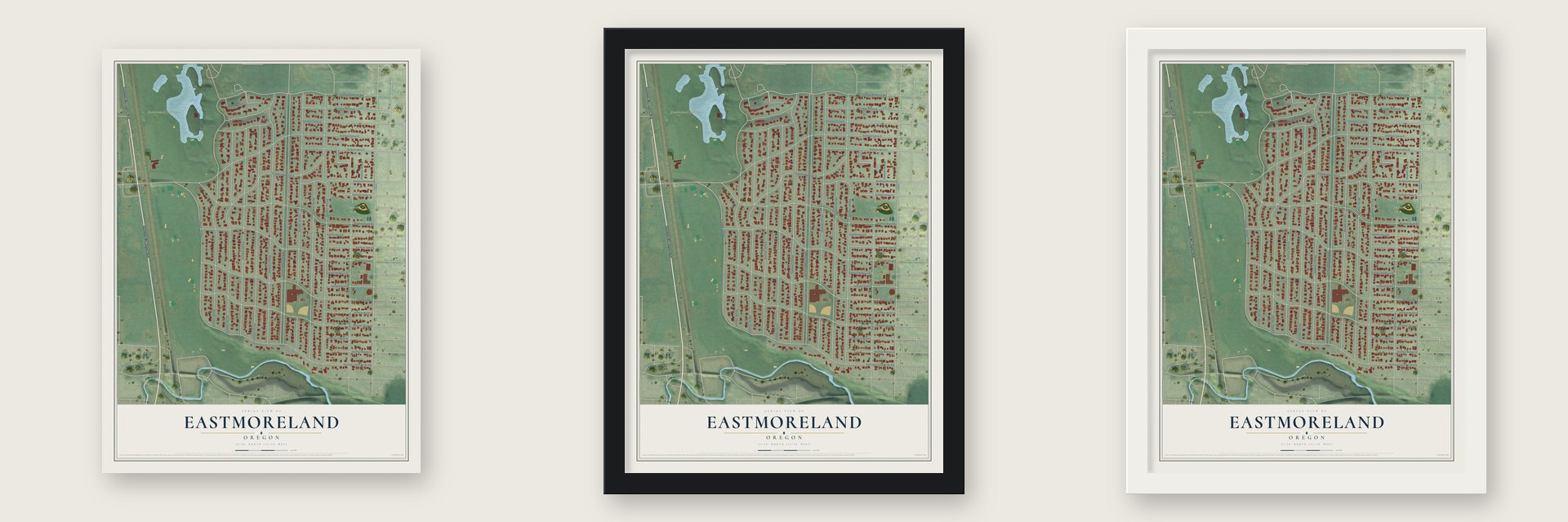 Eastmoreland, Oregon map unframed, in a black wood frame and in a white wood frame
