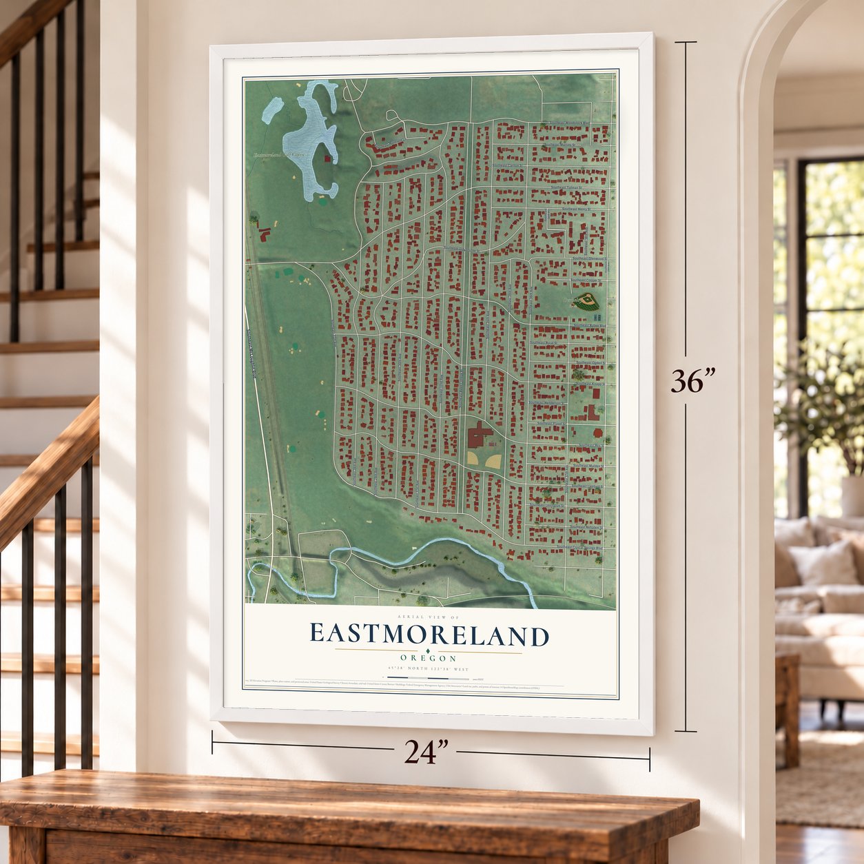 Eastmoreland, Oregon map, 24 x 36 inch print in a white frame by a staircase