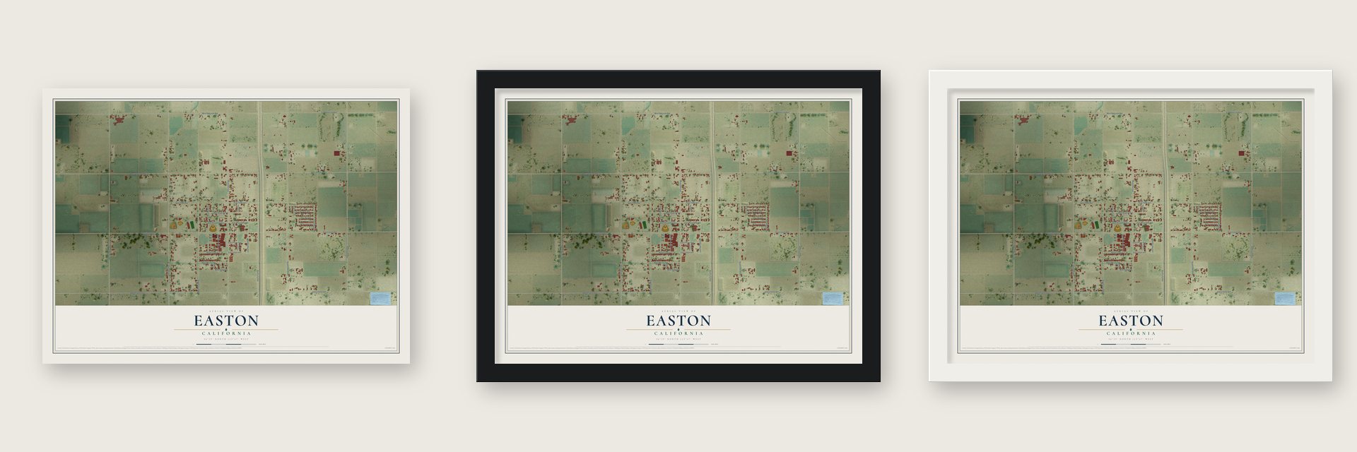 Easton, California map unframed, in a black wood frame and in a white wood frame