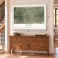 Easton, California map, 24 x 36 inch print in a white frame above a dresser by a staircase