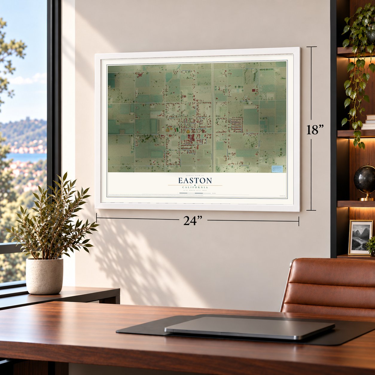 Easton, California map, 18 x 24 inch print in a white frame in a home office