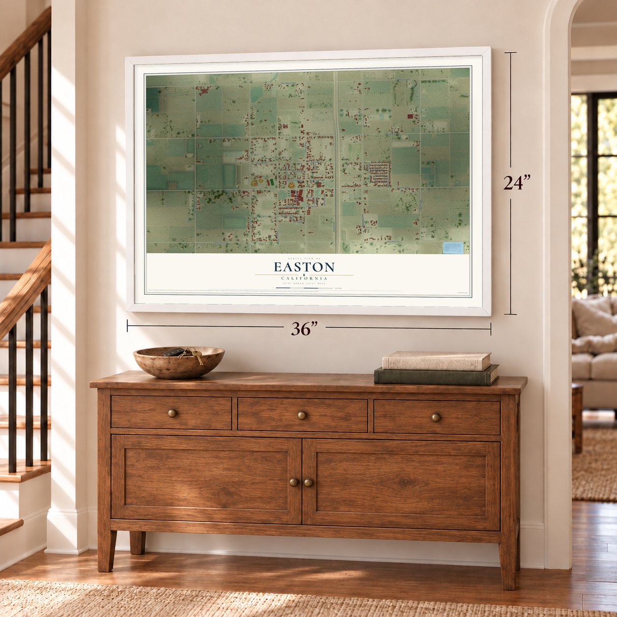 Easton, California map, 24 x 36 inch print in a white frame above a dresser by a staircase