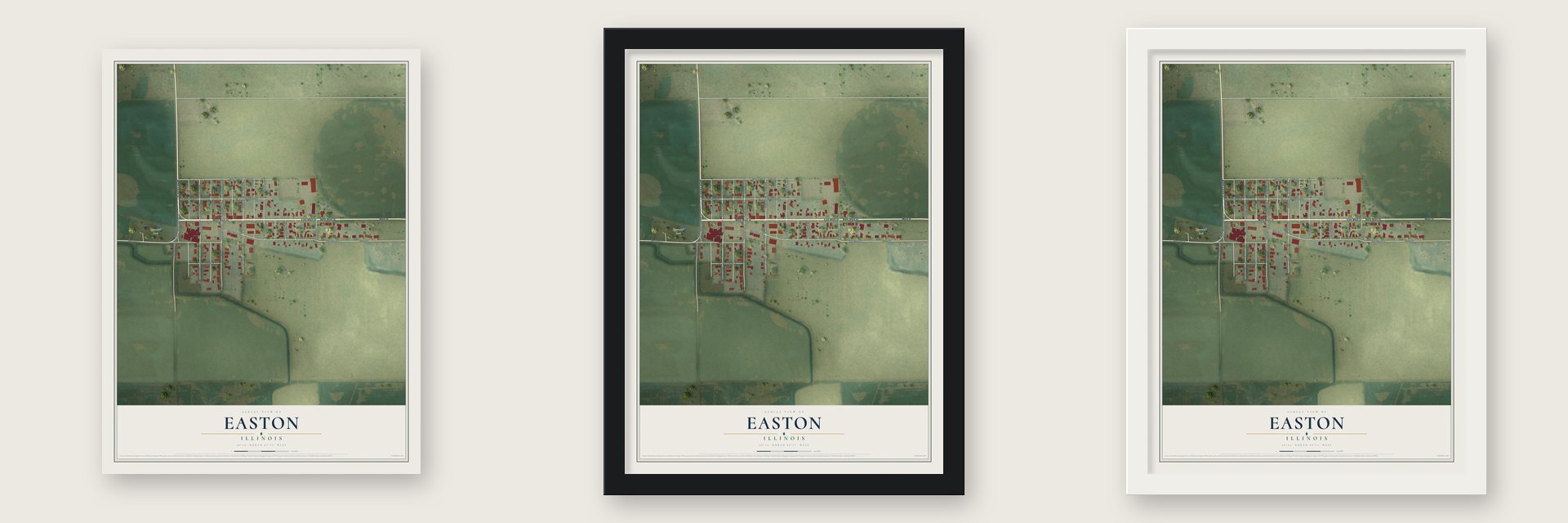 Easton, Illinois map unframed, in a black wood frame and in a white wood frame