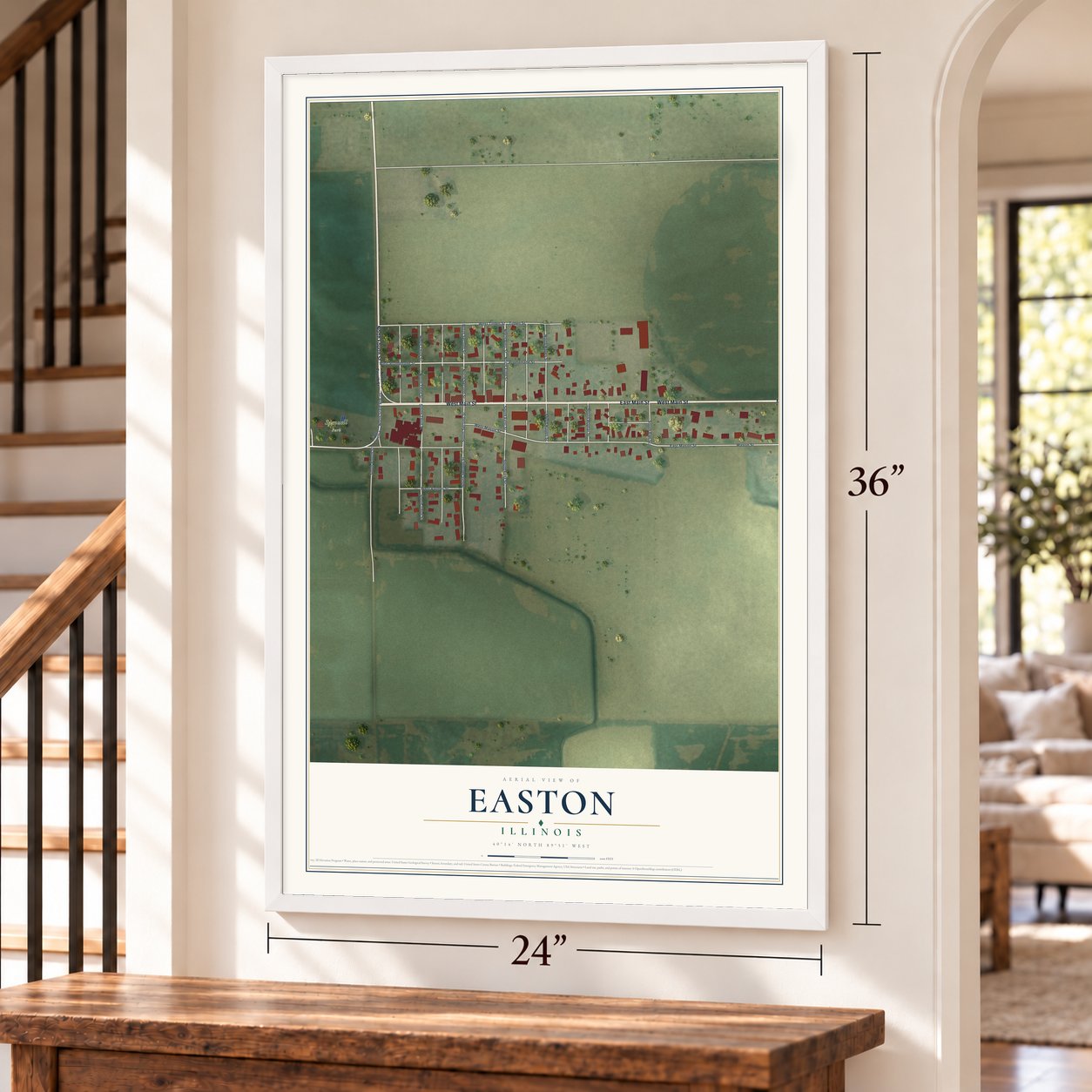 Easton, Illinois map, 24 x 36 inch print in a white frame by a staircase