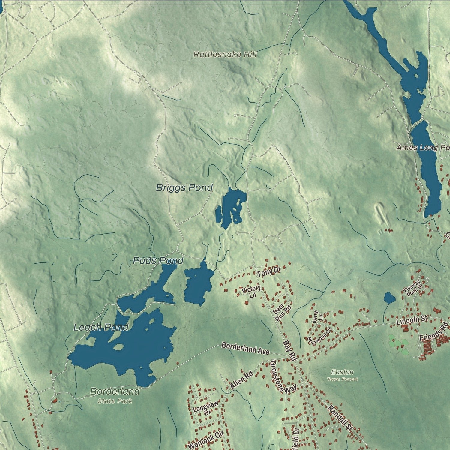 Close-up of the map of Easton, Massachusetts print showing terrain and local geography