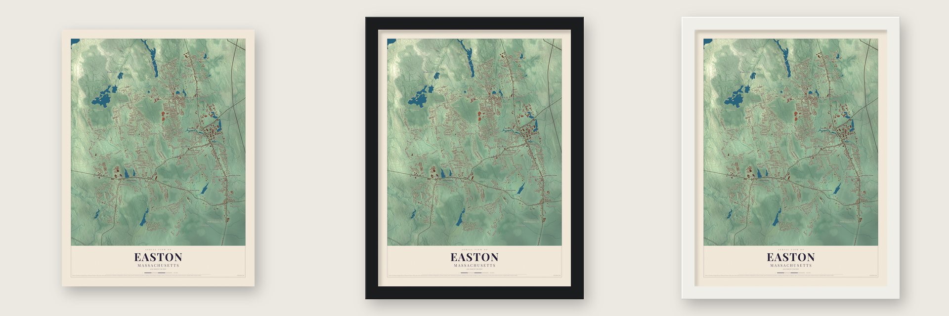 Easton, Massachusetts map unframed, in a black wood frame and in a white wood frame