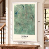 Easton, Massachusetts map, 24 x 36 inch print in a white frame by a staircase