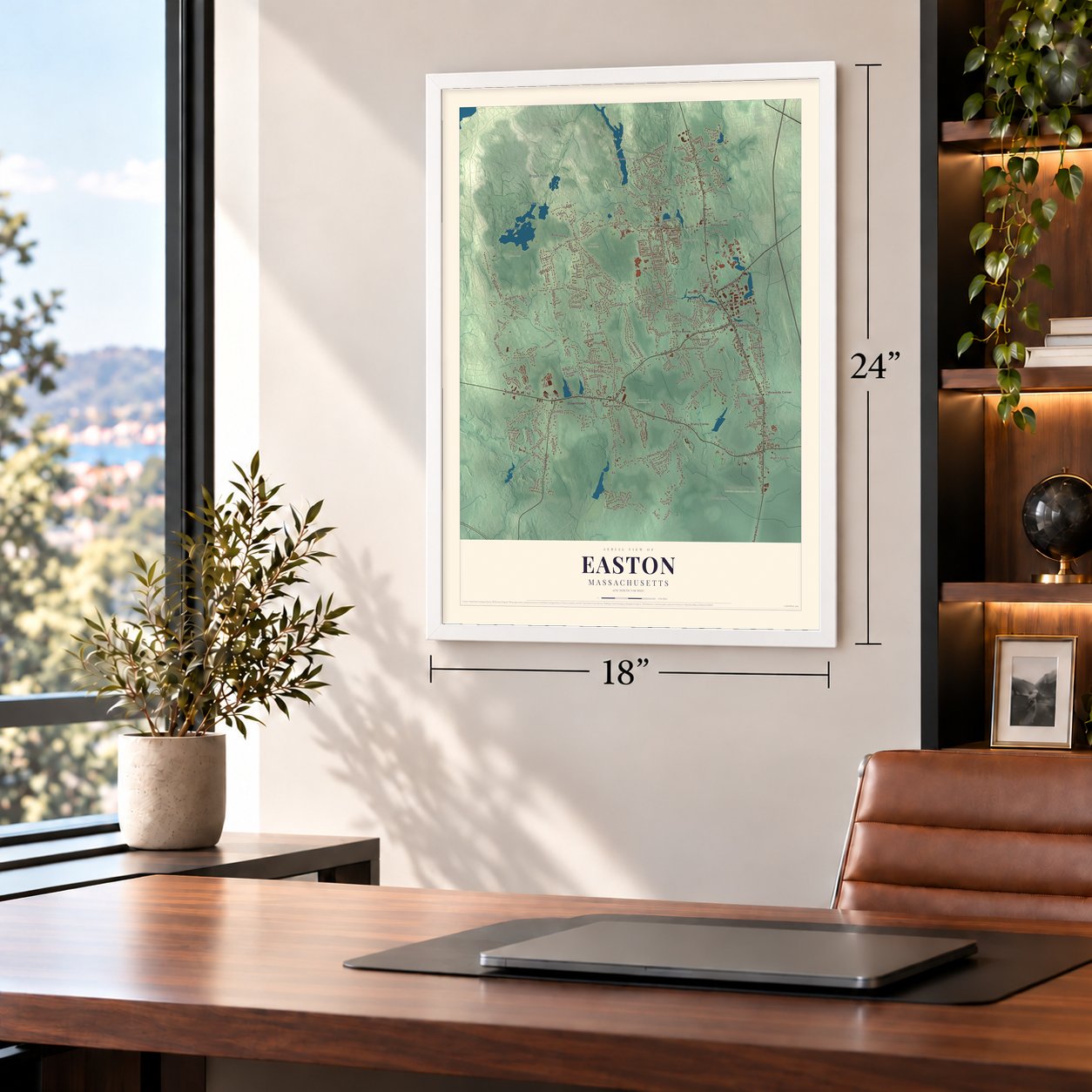 Easton, Massachusetts map, 18 x 24 inch print in a white frame in a home office