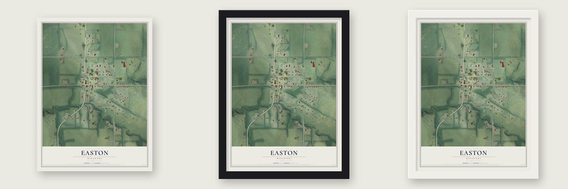 Easton, Missouri map unframed, in a black wood frame and in a white wood frame