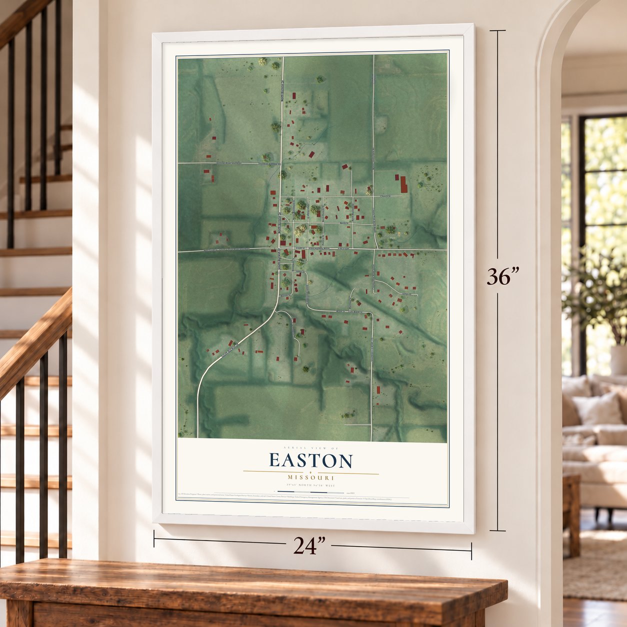 Easton, Missouri map, 24 x 36 inch print in a white frame by a staircase