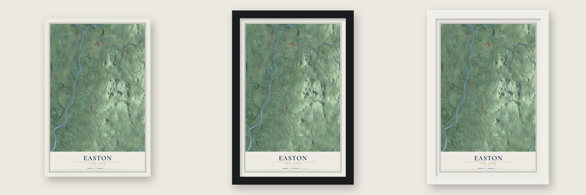 Easton, New York map unframed, in a black wood frame and in a white wood frame