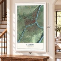 Easton, Pennsylvania map, 24 x 36 inch print in a white frame by a staircase
