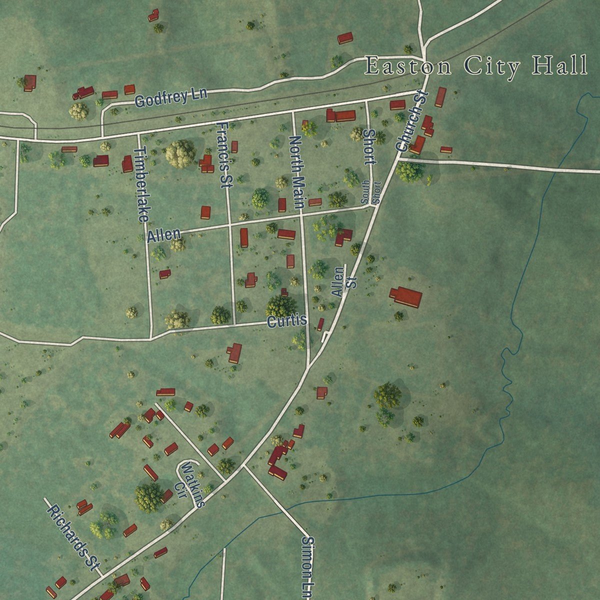 Second close-up of the map of Easton, Texas print showing more streets and buildings