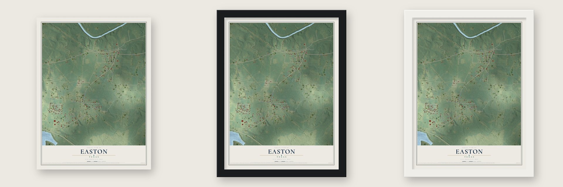 Easton, Texas map unframed, in a black wood frame and in a white wood frame