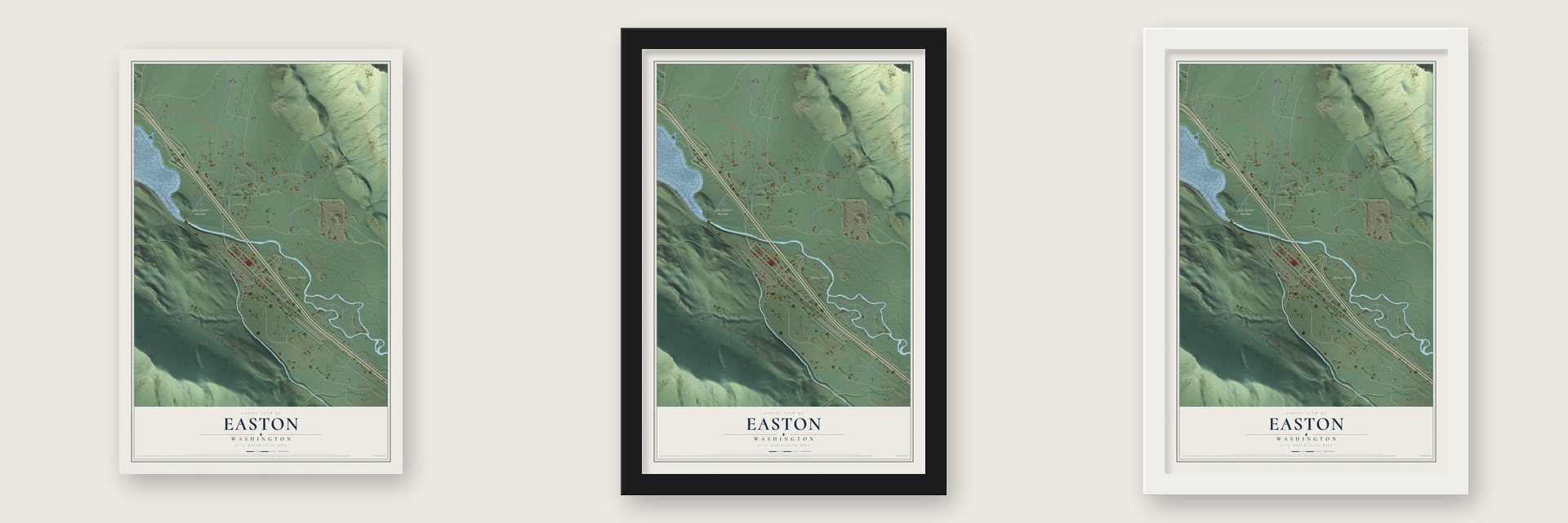 Easton, Washington map unframed, in a black wood frame and in a white wood frame