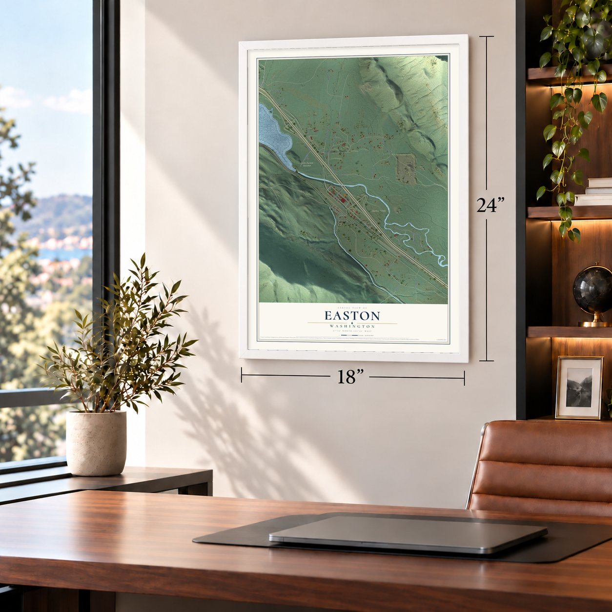 Easton, Washington map, 18 x 24 inch print in a white frame in a home office